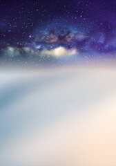 Clouds and starry sky. Natural background with fog waves and Milky Way