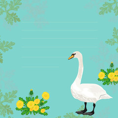 background for an invitation to a children's party with a swan or goose, dandelions and leaves. vector graphics
