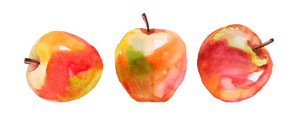 Three watercolor red apples on a white background