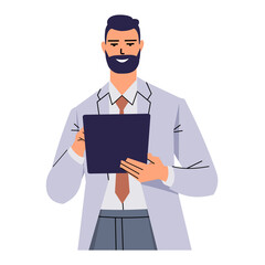 Bearded businessman uses a tablet. A smiling man in a suit and tie is holding a device and touching the screen. Entering text, scrolling the page in the browser. Flat vector isolated on white.