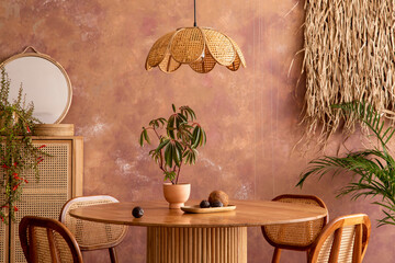 Stylish boho vintage dining room interior with round table, rattan chair, commode and flowers....