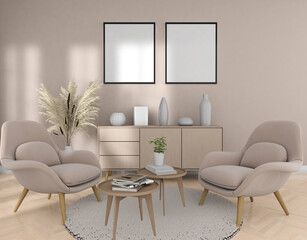 modern living room with table and armchairs, Mock up 2 picture frames on the wall, 3d rendering, illustration