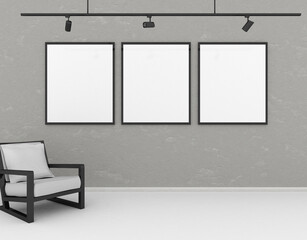 mockup frames on a wall in living room with modern armchair, 3d rendering, illustration