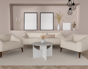 modern living room with sofa and mockup frames, 3d rendering, Illustration