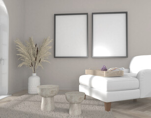 modern living room with sofa and mockup frames, 3d rendering, Illustration