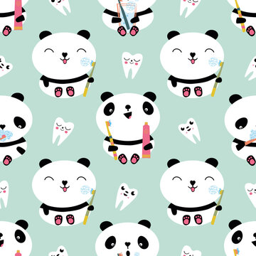 Kawaii panda kids dental health care vector educational seamless pattern background. Cute cartoon bears with toothbrush, toothe paste, brushing teeth. Teddy bears and teeth in gender neutral colors.