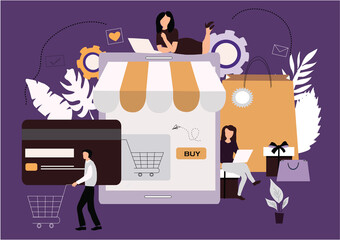 Online shop template illustration. Online order, e purchase, mobile payment flat design vector