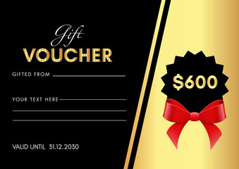 600 Dollar Value Gift Voucher Template with red bow isolated on black background. Premium design for discount certificates, discount coupons, gift card template, premium promotional card.