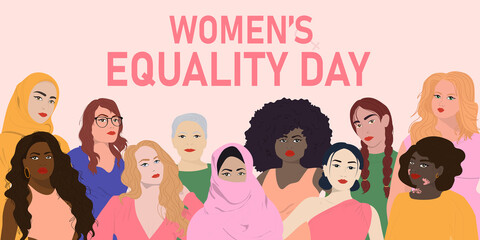 Women's equality day. Multiethnic group of women - obrazy, fototapety, plakaty
