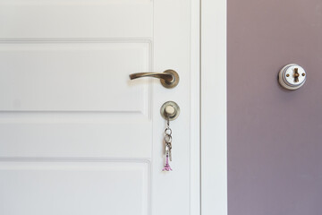 Part of white modern interior door with key in lock and metal handle. High quality photo