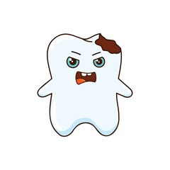 An evil tooth with caries on a white background, a character for a children's illustration. Vector graphics