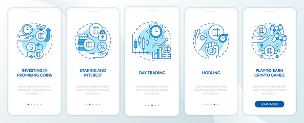 Fototapeta na wymiar Making money on cryptocurrency blue onboarding mobile app screen. Walkthrough 5 steps editable graphic instructions with linear concepts. UI, UX, GUI template. Myriad Pro-Bold, Regular fonts used