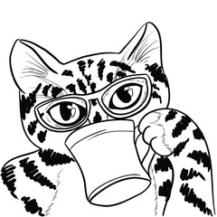 A cat drinking from a mug. Funny black and white illustration coloring book with a bengal cat with glasses.