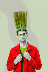Vertical composite collage portrait of handsome man black white gamma wear red jacket growing plant hair instead hair isolated on drawing background