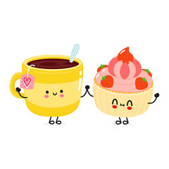 Cute happy cup of tea and cake card. Vector hand drawn doodle style cartoon character illustration icon design. Happy cup of tea and cake friends concept card