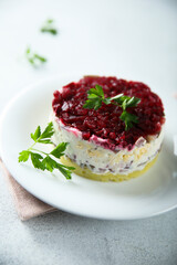 Traditional herring salad with beetroot