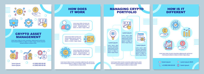Crypto asset management blue brochure template. Blockchain. Leaflet design with linear icons. Editable 4 vector layouts for presentation, annual reports. Arial-Black, Myriad Pro-Regular fonts used