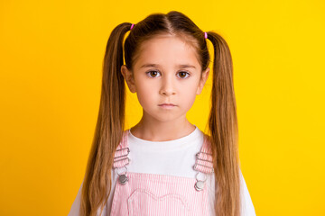 Photo of charming pretty school girl wear summer outfit smiling isolated yellow color background