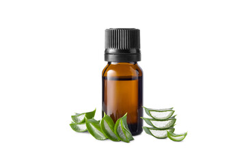 Aloe Vera essential oil in bottle and cut slice aloe vera leaves isolated on white background. Natural organic product. Skin care and health concept.