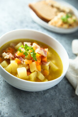 Homemade pea soup with smoked bacon