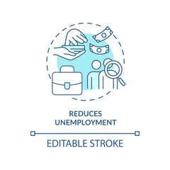 Reduces unemployment turquoise concept icon. Economic correlation. Inflation effect abstract idea thin line illustration. Isolated outline drawing. Editable stroke. Arial, Myriad Pro-Bold fonts used
