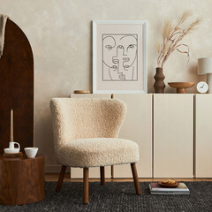 Creative composition of cozy living room interior design with mock up poster frame, fluffy...