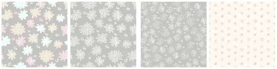 Foto op Canvas Seamless patterns set with hand drawn meadow flowers in Ditzy style. Stylish dark illustrations on beige background for surface design and other design projects © Blooming Sally