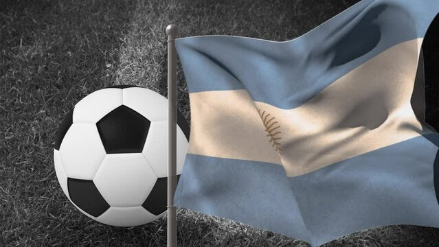 Animation of flag of argentina and football over stadium