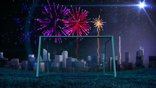 Animation of fireworks and goal over cityscape