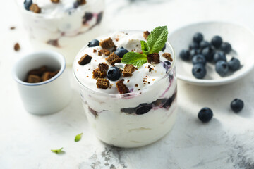 Homemade chocolate trifle with blueberry