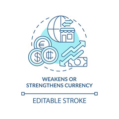 Weakens and strengthens currency turquoise concept icon. Effect of inflation abstract idea thin line illustration. Isolated outline drawing. Editable stroke. Arial, Myriad Pro-Bold fonts used