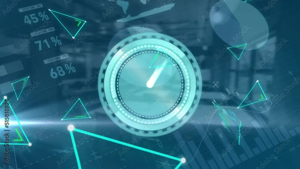 Poster animation of network of connectionss with clock and data processing over empty office