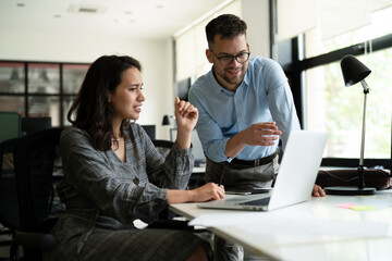 Colleagues in office. Businesswoman and businessman discussing work in office