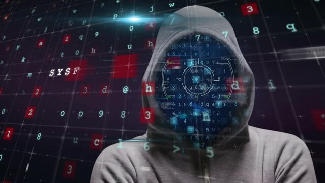 Animation of data processing and cyberattack warning over hacker