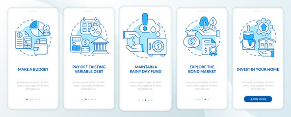 Fototapeta na wymiar Protecting money during inflation blue onboarding mobile app screen. Walkthrough 5 steps editable graphic instructions with linear concepts. UI, UX, GUI template. Myriad Pro-Bold, Regular fonts used