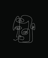 Multi face concept drawn by one line. White silhouette on the black background. Abstractionism. Continuous line drawing art. Vector illustration in Matisse style.