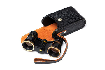 Vintage binoculars with leather case isolated on white background