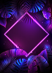 Summer background with neon frame and  fluorescent tropic leaves. Nature concept. Vector illustration © annbozhko
