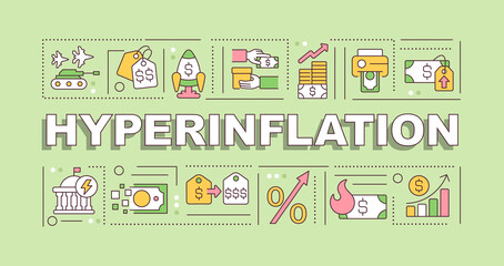 Hyperinflation word concepts blue banner. Economic turmoil. Infographics with editable icons on color background. Isolated typography. Vector illustration with text. Arial-Black font used