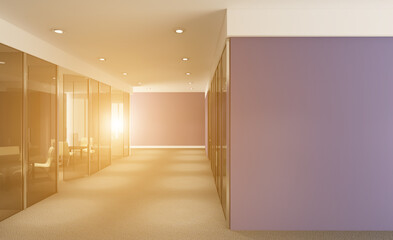 Elegant office interior. Mixed media. 3D rendering.. Sunset.