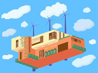 Energy independent, efficient modern house. Windmill and separate waste bins. Power home with renewable energy. Green house, friendly to ecology.