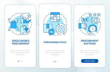 Examples of procurement process blue onboarding mobile app screen. Walkthrough 3 steps editable graphic instructions with linear concepts. UI, UX, GUI template. Myriad Pro-Bold, Regular fonts used