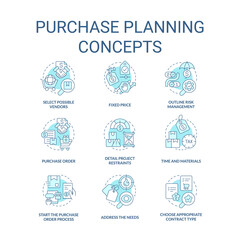 Purchase planning turquoise concept icons set. Procurement order idea thin line color illustrations. Risk management. Isolated symbols. Editable stroke. Roboto-Medium, Myriad Pro-Bold fonts used