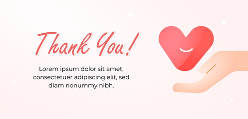 Thank You greeting banner template design. Vector illustration. Hand holding happy heart shape show caring.
