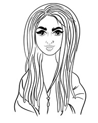 Coloring page cute girl with dreadlocks in a jacket with a hood. Coloring with a face, characters.