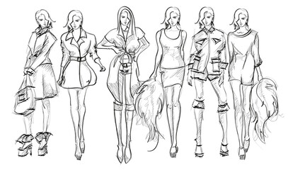 Fototapeta na wymiar Set of young beautiful women in stylish clothes. Sale concept. Hand-drawn fashion illustration. Fashion sketch.