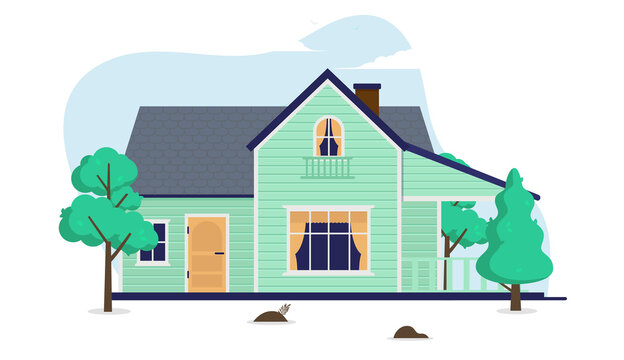 recommend clip art: Flat design vector house illustration - Green residential small home with trees on white background