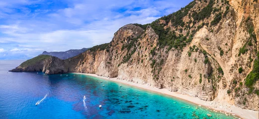 Gordijnen Greece, Ionian islands. Best beaches of Corfu.  impressive Paradise beach and Stelaris beach under huge rocks. aerial drone view © Freesurf
