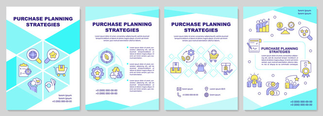 Purchase planning strategies cyan brochure template. Leaflet design with linear icons. Editable 4 vector layouts for presentation, annual reports. Arial-Black, Myriad Pro-Regular fonts used