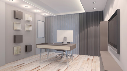 Front view of an office interior with a row of dark wood tables. 3D rendering.. Mockup.   Empty paintings